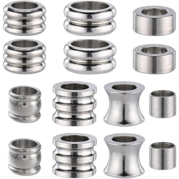 1box 28pcs 7 style 201 & 304 Stainless Steel European Beads Large Hole Beads Column Stainless Steel color 6~10x4.5~9.5mm Hole: 5~9mm 4pcs/style
