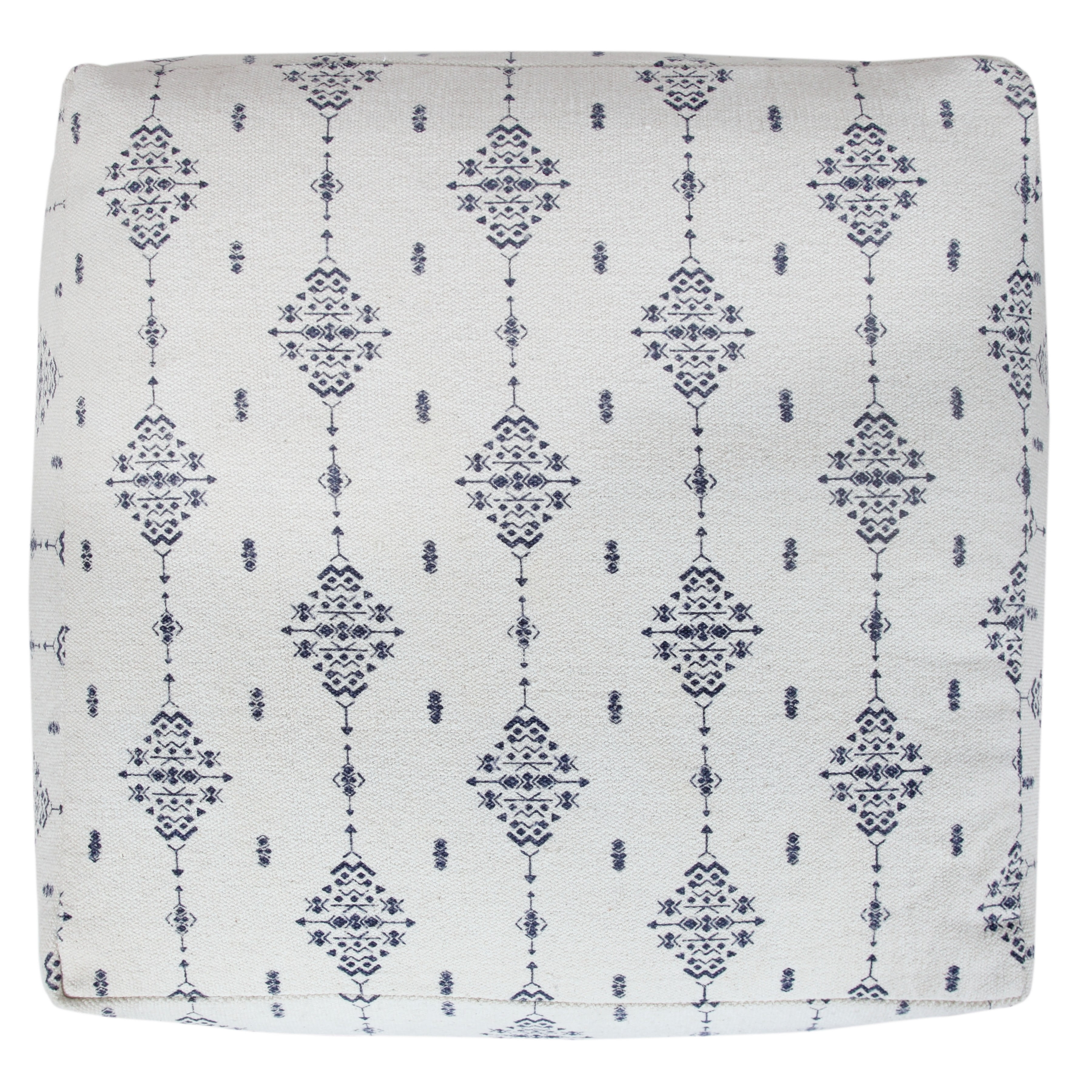 LR Home Small Tassels Tribal Indoor Square Pouf, Navy/Ivory, 18" x 18" x 14"