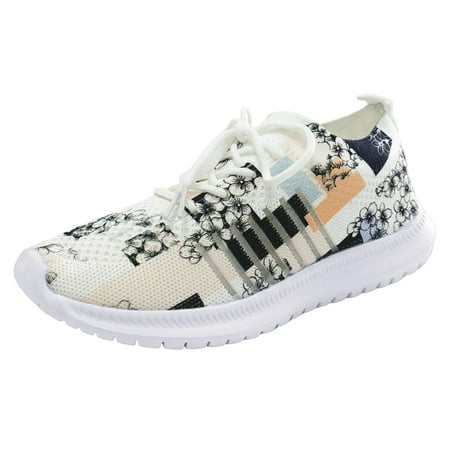 

ZIZOCWA Women S Slip On Casual Sports Shoes Lace Up Flat Breathable Soft Sole Floral Printed Fashion Mesh Walking Shoes Lightweight Beige Size41
