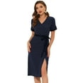 thumbnail image 1 of INSPIRE CHIC Women's Polka Dots Button Decor V Neck Split Belted Dress Navy L, 1 of 5