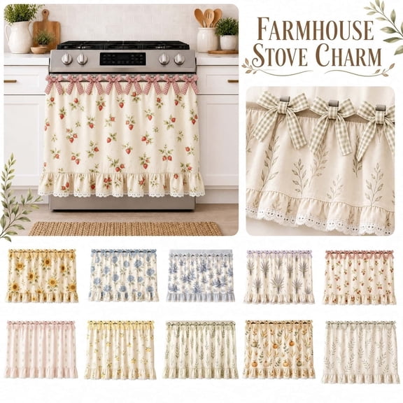 Farmhouse Stove Skirt Oven Curtain, Cotton Blend Stove Curtain with Lace Ruffle Trim Ribbon Ties, Kitchen Decor Oven Curtain Cover & Oven Skirt Curtain