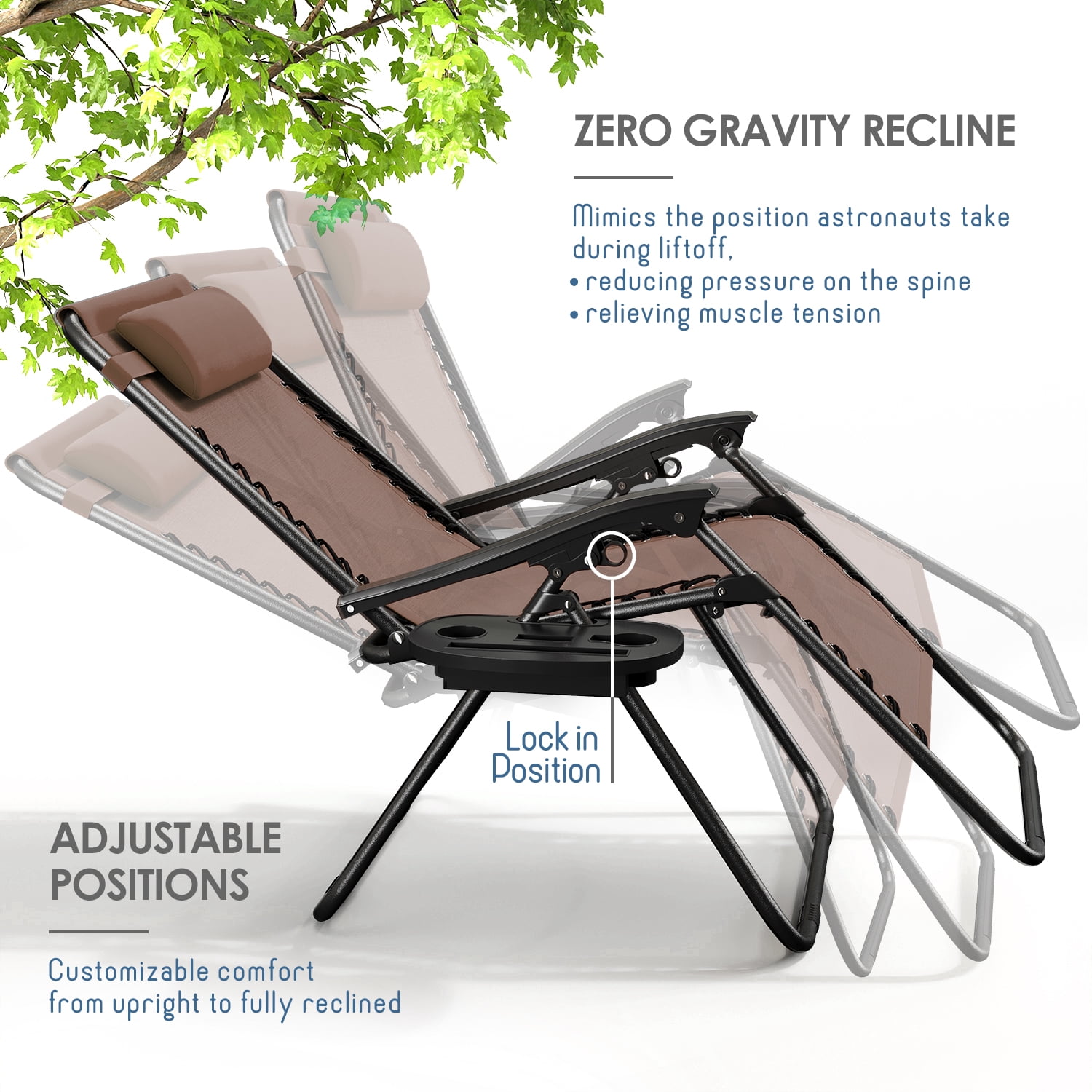 LammaLoe Zero Gravity Chair, Outdoor Lounge Chairs with Cup Holder, Brown