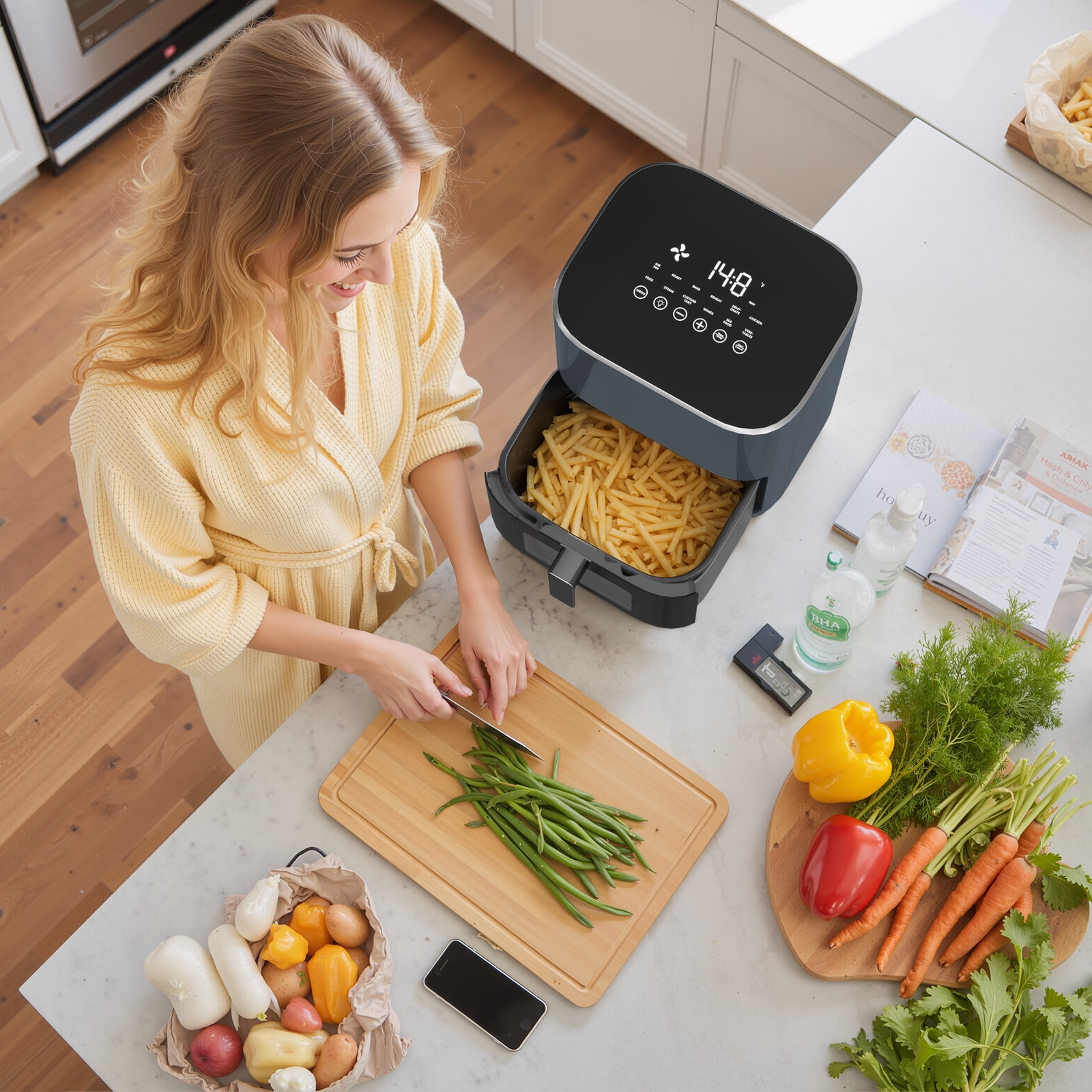TINKLE WELL Air Fryer, 6-Quart 12-in-1 Multi-Cooker with Viewing Window for Oil-Free Frying, Baking & Dehydrating, Up to 400°F, Gray