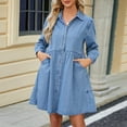 thumbnail image 2 of MuZeFu Women's Denim Casual Summer V-Neck Dress Women's Fashionable Long Sleeved Lapel Button Loose Casual Denim Dress, 2 of 8