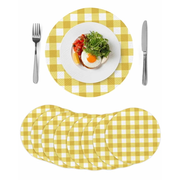 Yellow Gradient Round 15 Inch Placemats Set of 8, Farm Plaid Buffalo Checkered Gingham HeatResistant Non Slip Place Mats for Dining Table, Wipeable Braided Kitchen Table Mats for Housewarming