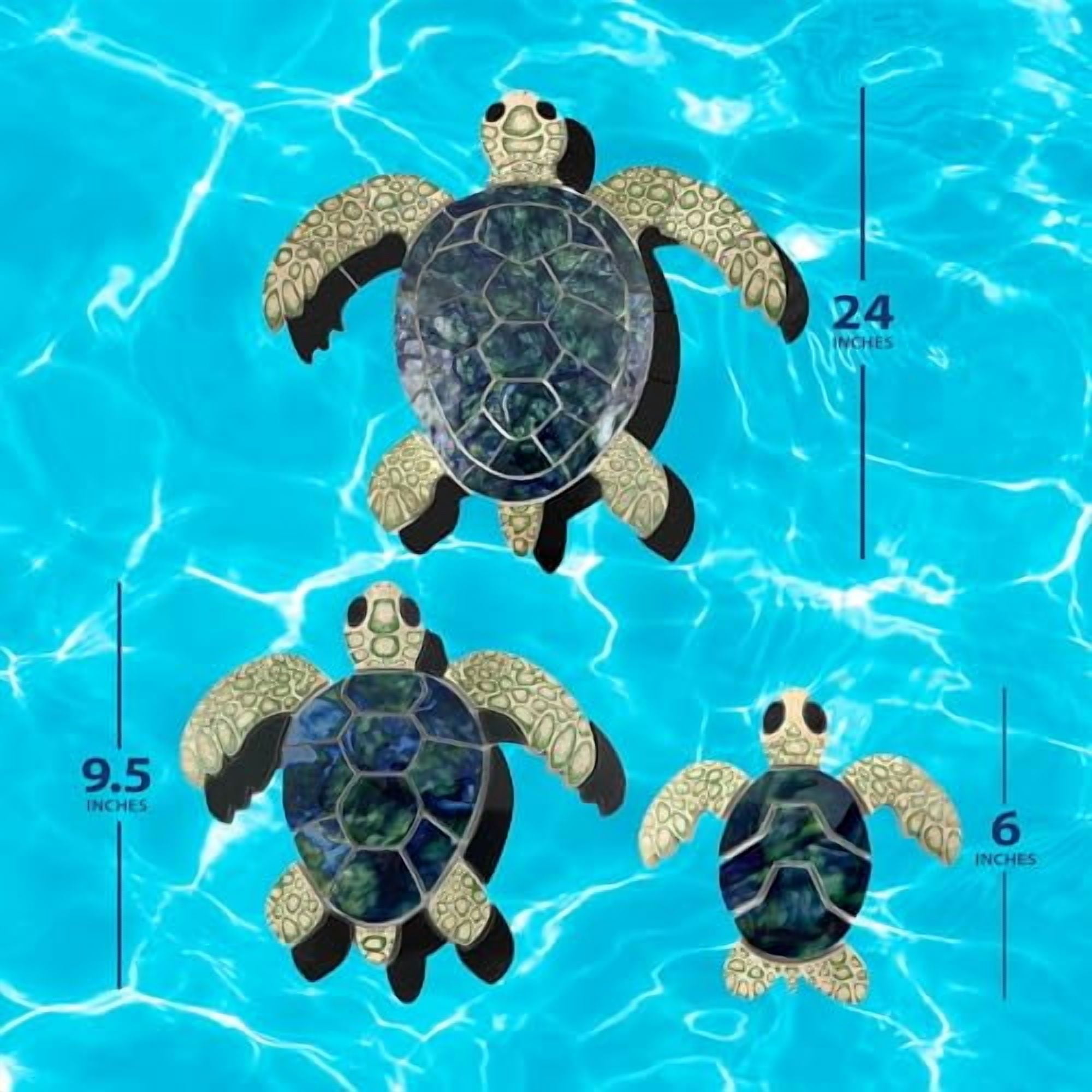 Aquatic Custom Tile Green Sea Turtle Family Porcelain Pool Mosaic Tiles, Underwater Swimming Pool Mosaics for Bottom of Pool, MADE IN USA - 5 PC/SET, 1 Large (24"), 2 Medium (9.5"), 2 Small (6")