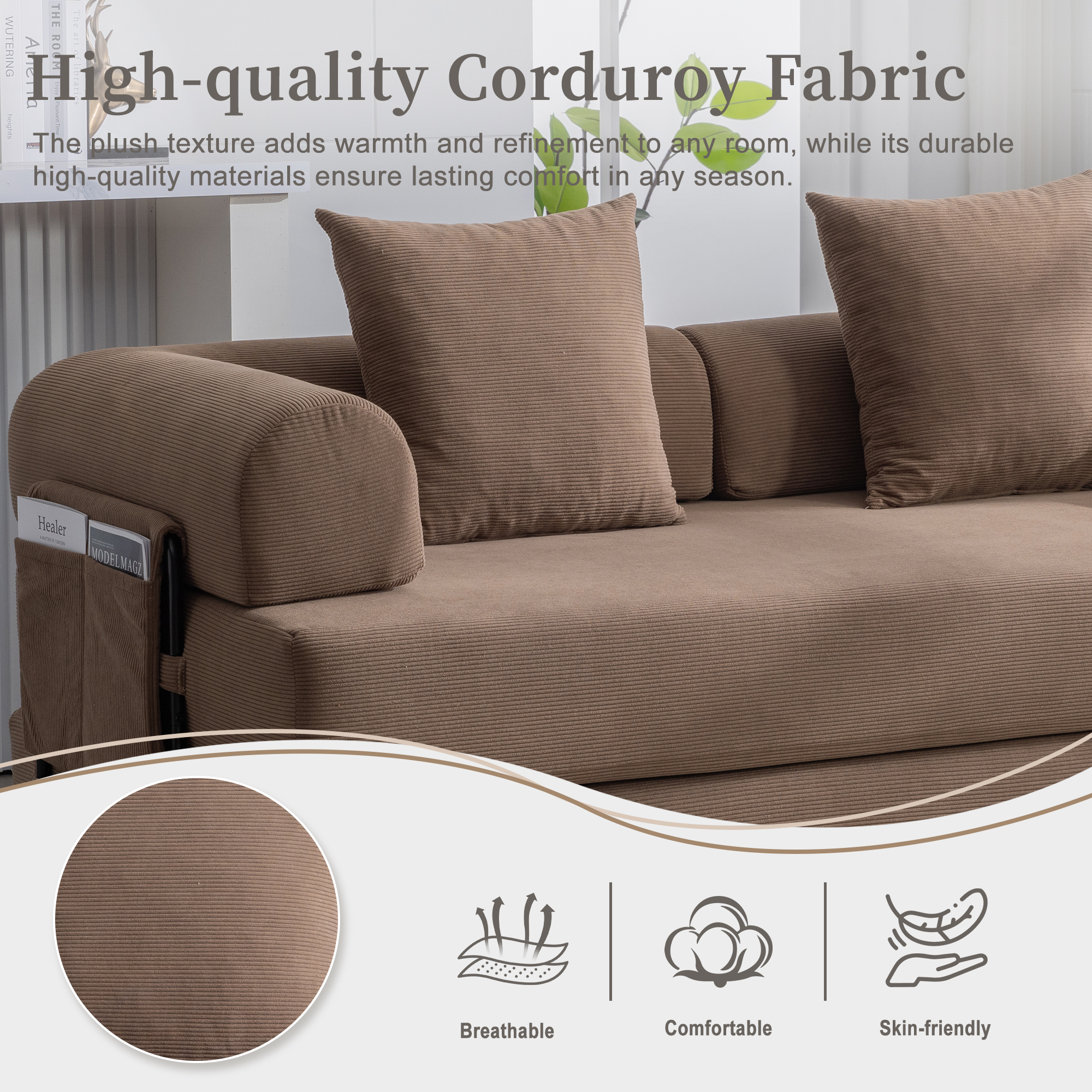 MOONMISS Corduroy Upholstered Modern Comfort Foldable Compressible Sofa Bed with Sturdy Metal Frame-Brown