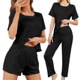 thumbnail image 2 of Bovxnpu Women's Pajama Set Lounge Set, 3 Piece Set Womens Home Casual Pants Short Sleeves Tops And Shorts Pajamas Set Sleepwear Loungewear, 2 of 10