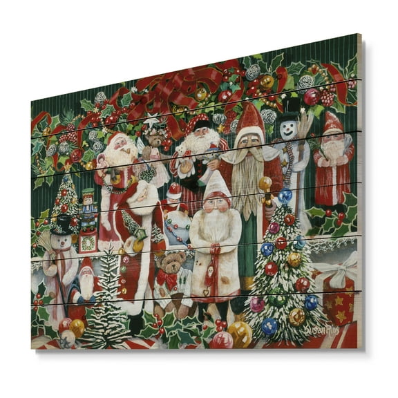 Designart 'Santa Claus Family with Christmas bear and presents' Print on Natural Pine Wood