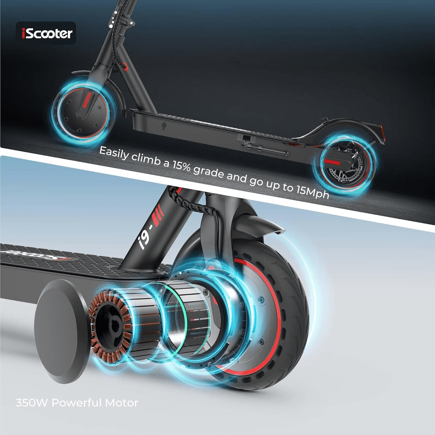 iScooter Electric Scooter, 18Miles Travel Range, 15.6 Mph Top Speed, 350W Scooter Electric with 8.5 Inch Solid Tire, Smart APP, Double Braking Systems for Kids, Teenage and Adults - Black