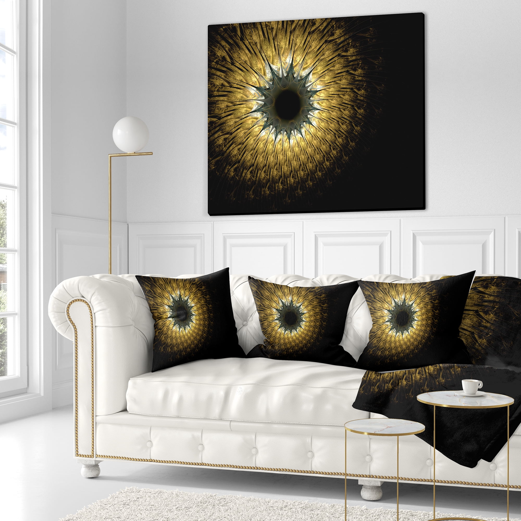 Designart Symmetrical Gold Digital Fractal Flower - Floral Throw Pillow - 16x16