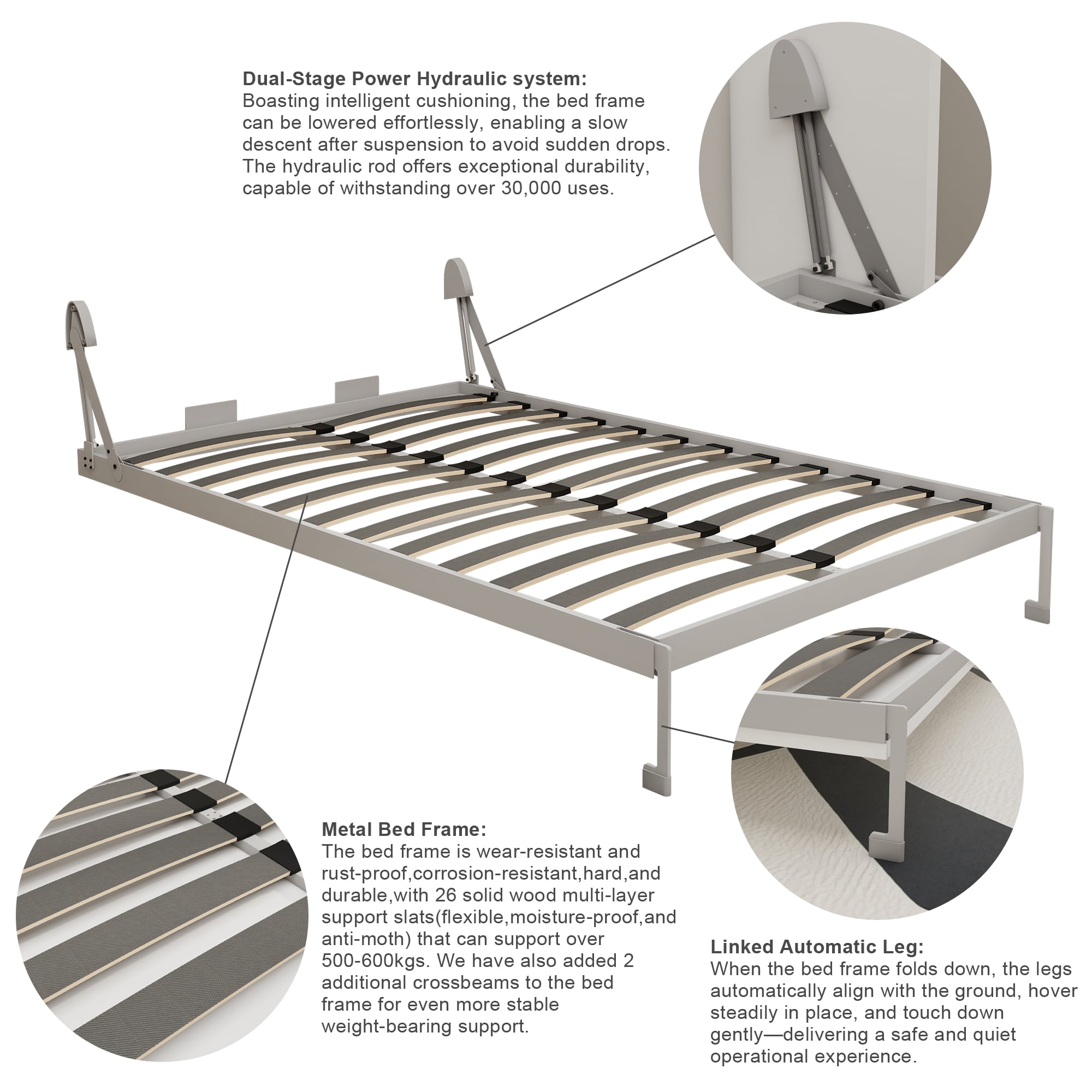 DIY Cabinet Folding Bed Hardware Kit, Queen Size Vertical Murphy Wall Bed Mechanism with Automatic Leg and Hydraulic System, Grey Bed Frame