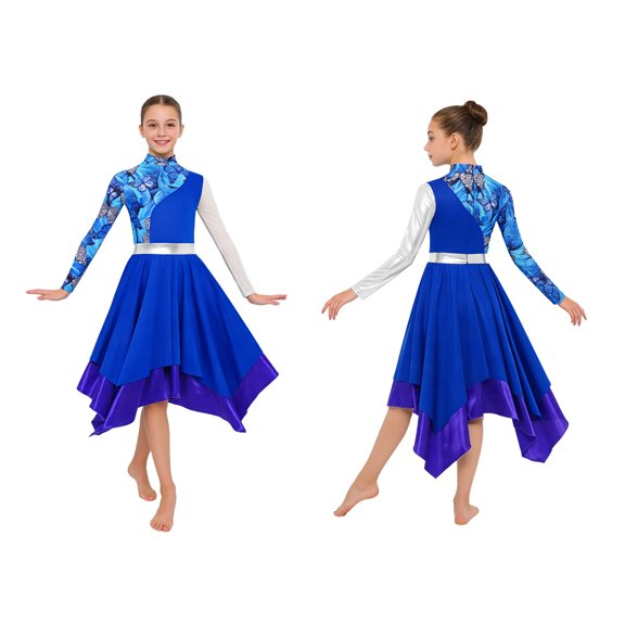 Aislor Girls Camouflage Print Color Block Liturgical Praise Dance Dress Long Sleeve Worship Lyrical Dancewear Blue 16