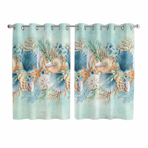 Beach Coastal Teal Kitchen Curtains Window Panels, Nautical Shell Starfish Coral Summer Insulated Window Treatment Curtain, Grommet Curtains for Bedroom/Living Room/Bathroom, 2 Piece 52"Wx72"L
