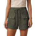 thumbnail image 3 of Rggeeun Women Shorts Solid Color Elastic High Waist Cargo Soft Mid-Rise Loose Fit Straight Leg With Side Plus Pockets & Adjustable Tie For Summer Everyday Wear Cute Hot Pants,Green,Xxxl, 3 of 6