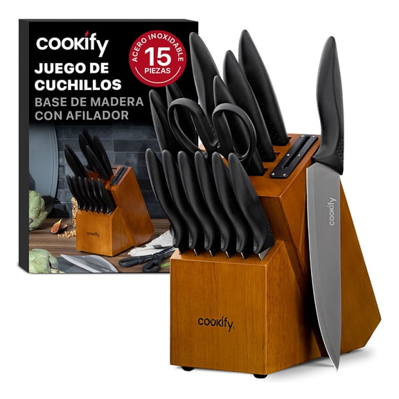 Juego de Cuchillos de Cocina COOKIFY 15 Piezas. Acero Inoxidable con Base Organizadora, Tijeras y Afilador .Color Madera/Negro