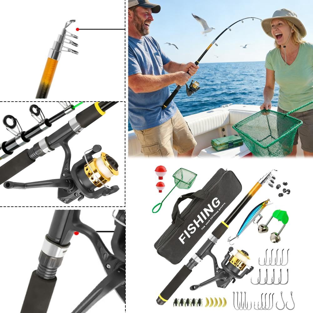 Complete Fishing Starter Kit with 2.1m Telescopic Rod Reel Lures Net and Carry Bag for Beginners