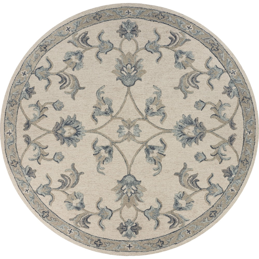 LR Home Victorian Mirroring Ivory Blue Floral Bloom Area Rug 4 Ft. 10 In. Round Area Rug