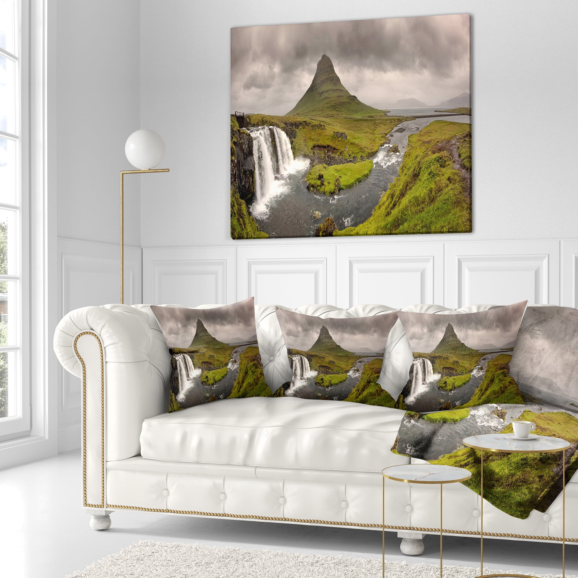 Designart Kirkjufell Waterfalls in Grundarfjordur - Landscape Printed Throw Pillow - 18x18