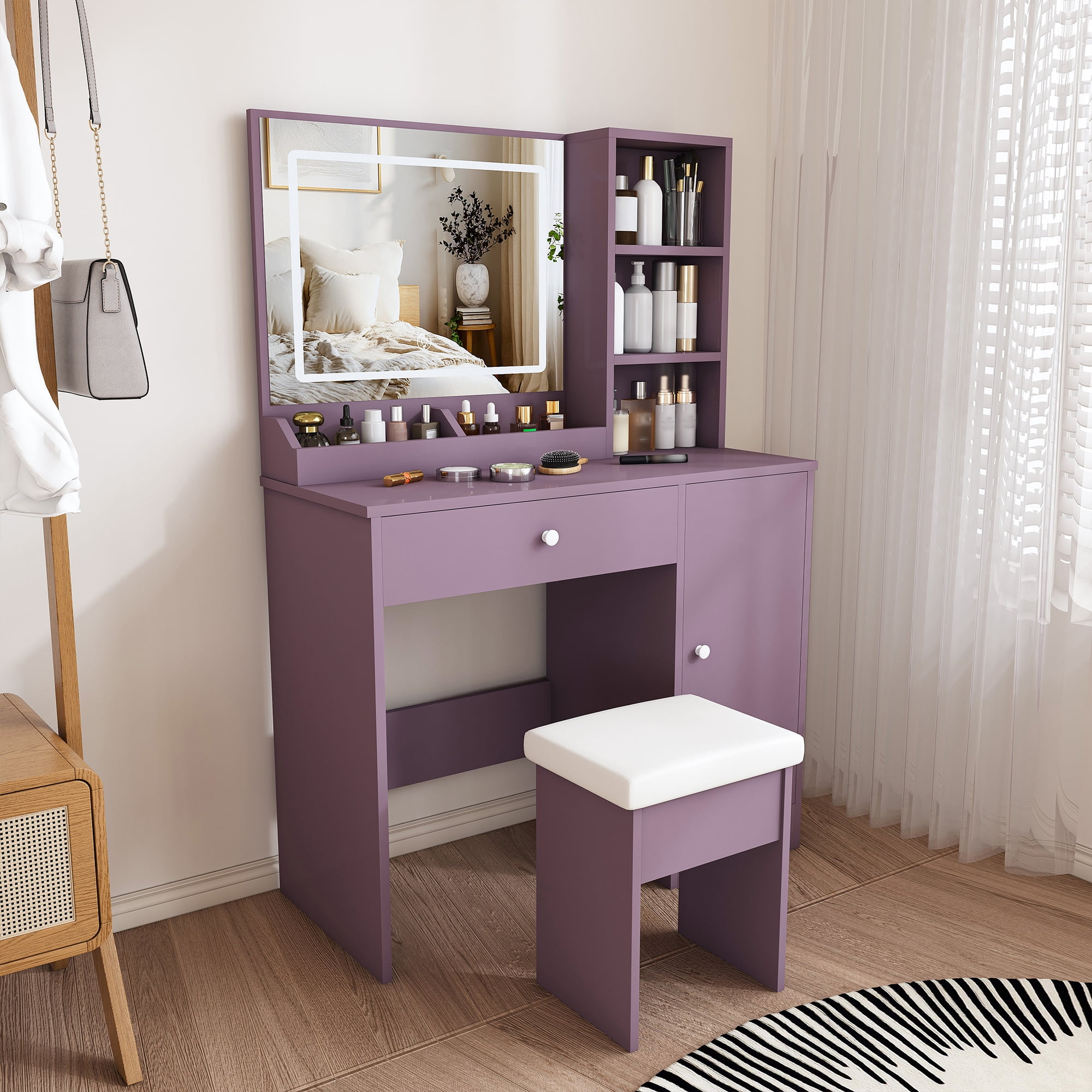 Makeup Vanity Desk Set with Padded Stool & 3-Mode Dimmable LED Mirror, Multi-Storage Modern Bedroom Dressing Table for Bedroom Apartment Dorm