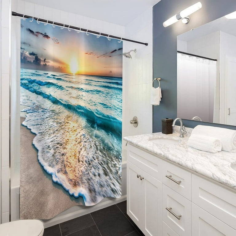 Ocean Beach Shower Curtain, Summer Tropical Ocean Waves Sunset