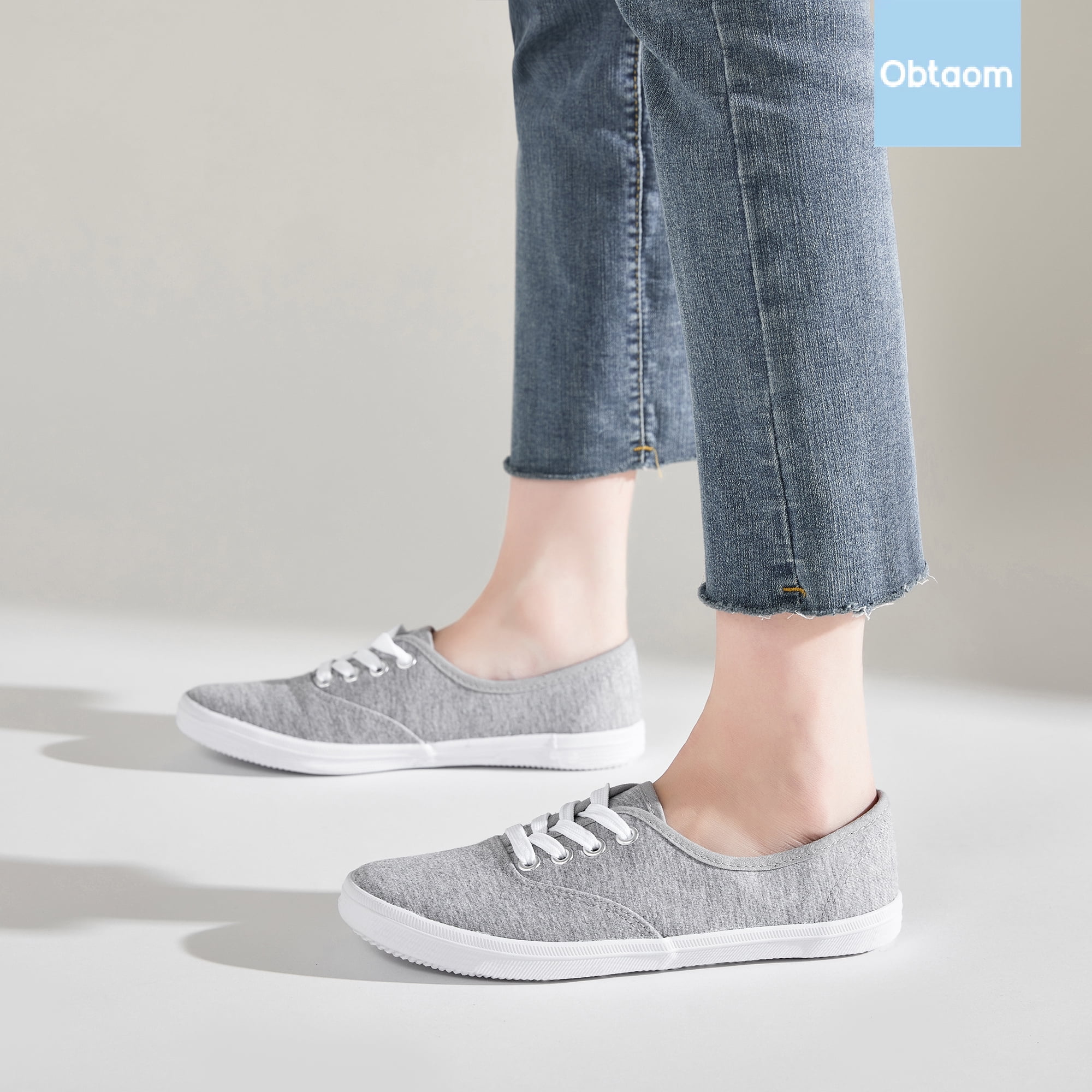 Obtaom Women’s Canvas Sneakers Fashion Lace Up Canvas Shoes,Low Top Casual Flat,Lightweight Tennis Shoes.(Gray,US10)