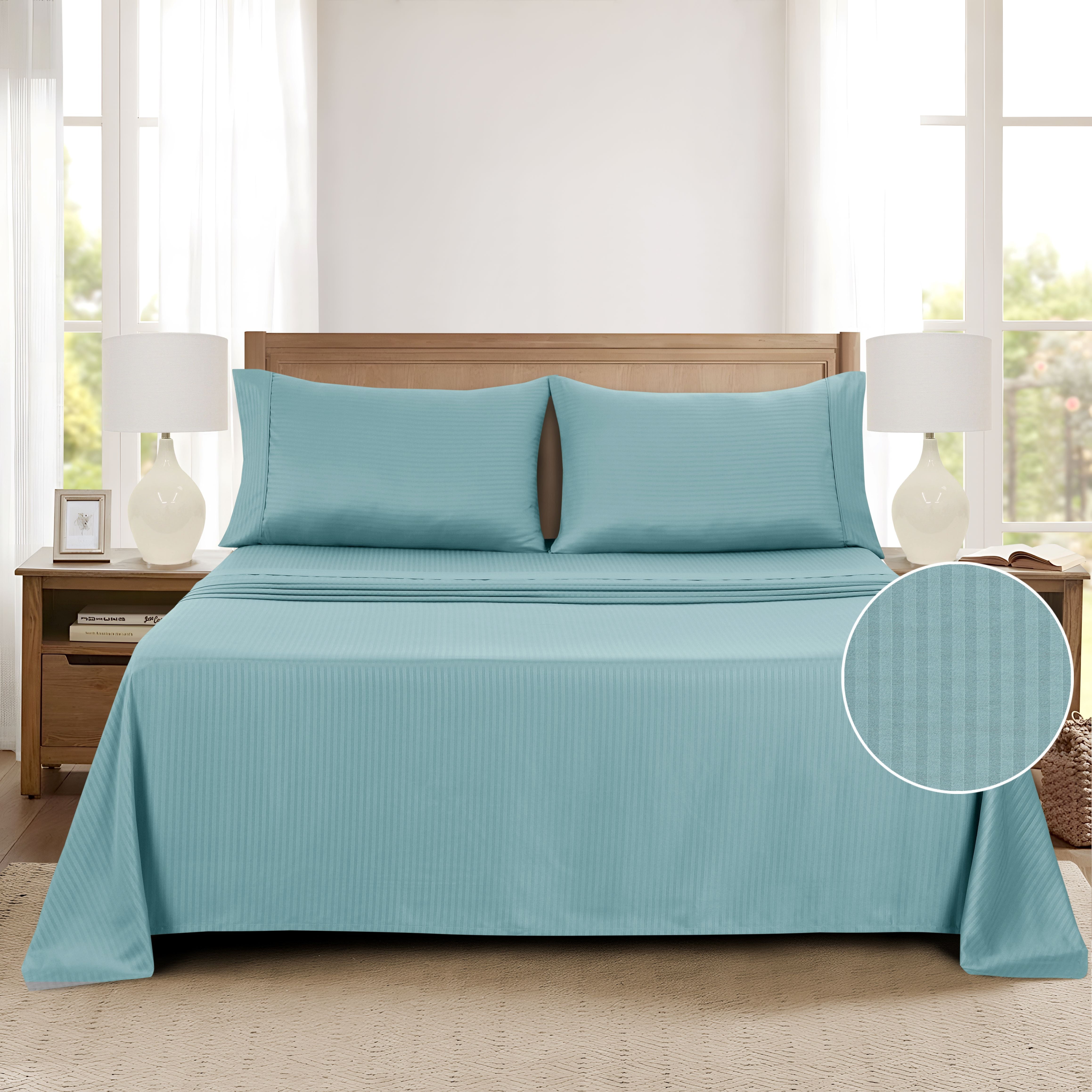 Mainstays Super Soft Brushed Microfiber Bed Sheet Set, Blue Cameo Embossed Stripe, Queen, 4 Piece