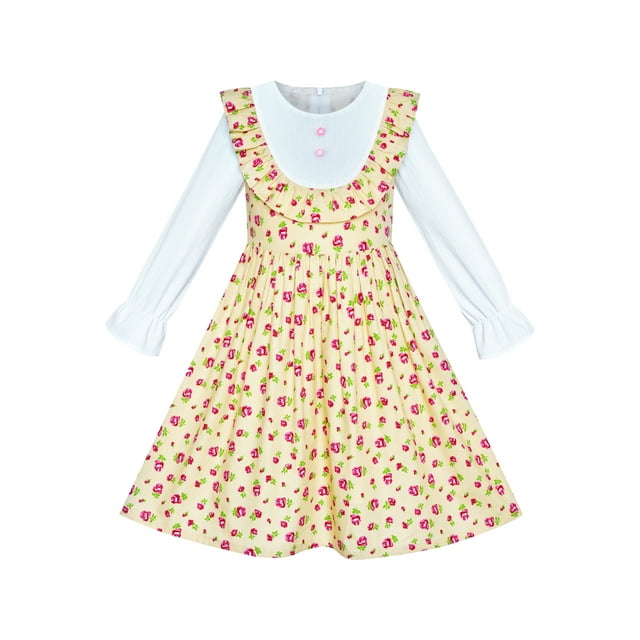 Robe Fille Jaune Florale Manches Longues Coton Décontractée 4 Ans
