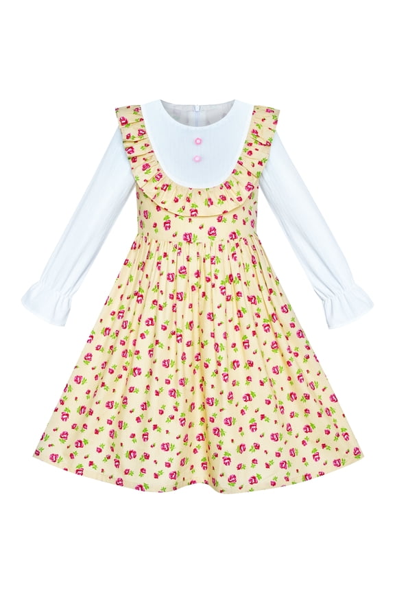 Girls Dress Yellow Floral Long Sleeve Cotton Casual Dress 6 Years