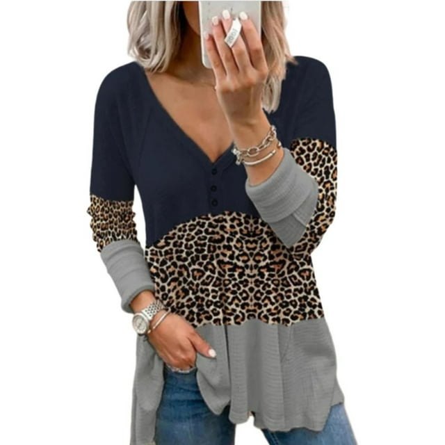 UPAIRC Womens Plus Size V-Neck Leopard Printed Tunic T-Shirt Ladies Casual Loose Flowy Blouse Top