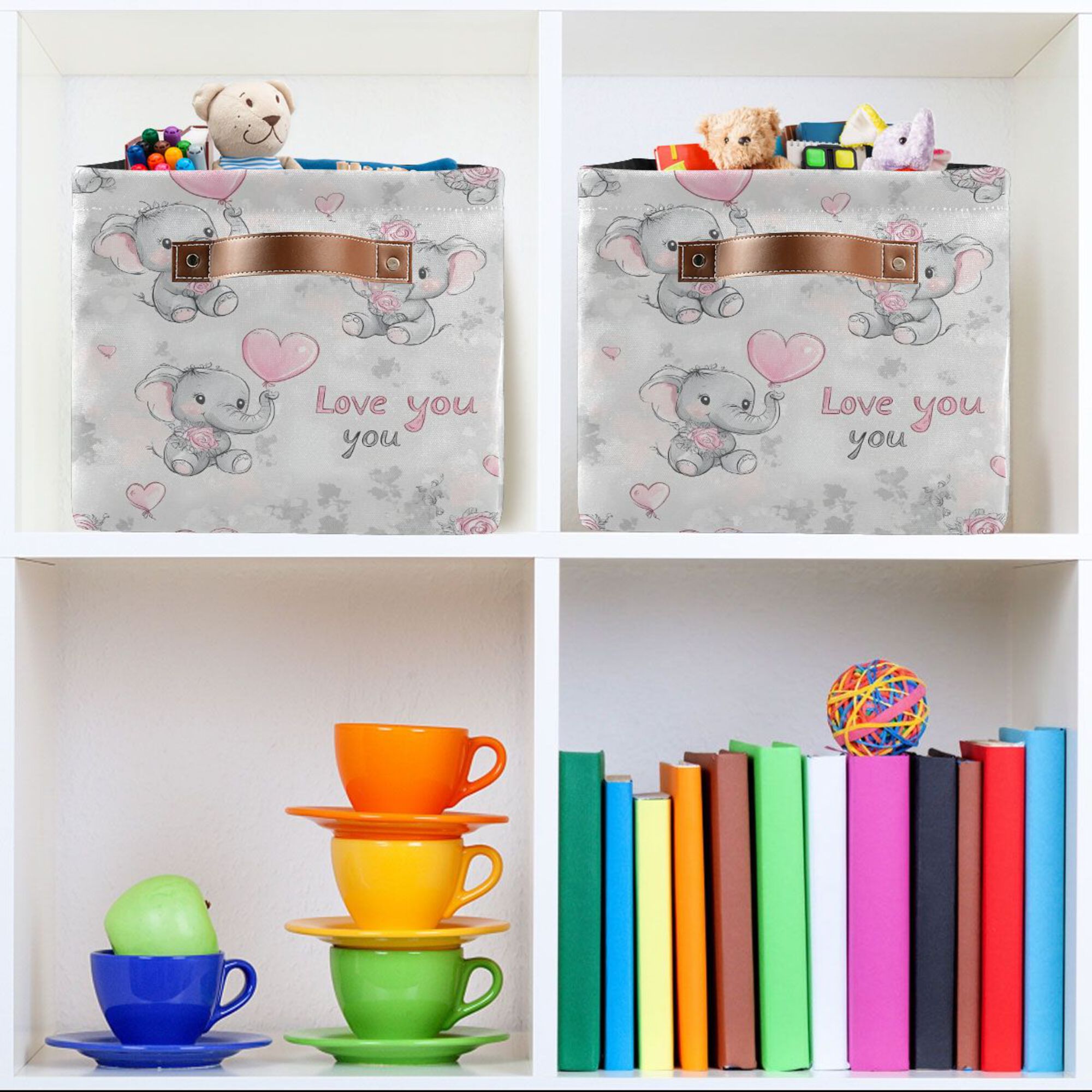 Yayeee Canvas Storage Basket with Handles for Shelves Fabric Bins Closet Organizer, Cartoon Elephant