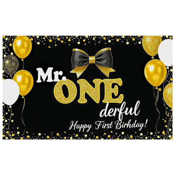 Mr ONEderful Happy First Birthday Banner Black Gold Bow Balloon Decoration Backdrop Party Supplies Photography Props Celebration Events
