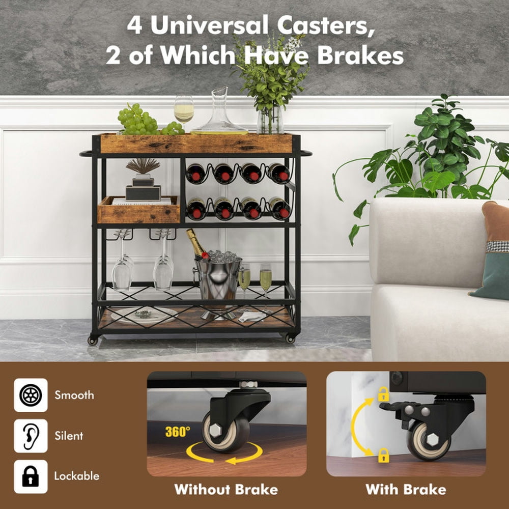 Finihen Rolling Cart, Kitchen Island Cart, 3-Tier Rolling Bar Cart with Removable Tray and Wine Rack, for Kitchen, Dining Room, Rustic Brown Finihen Rolling Cart, Kitchen Island Cart, 3-Tier Rolling Bar Cart with Removable Tray and Wine Rack, for Kitchen, Dining Room, Rustic Brown