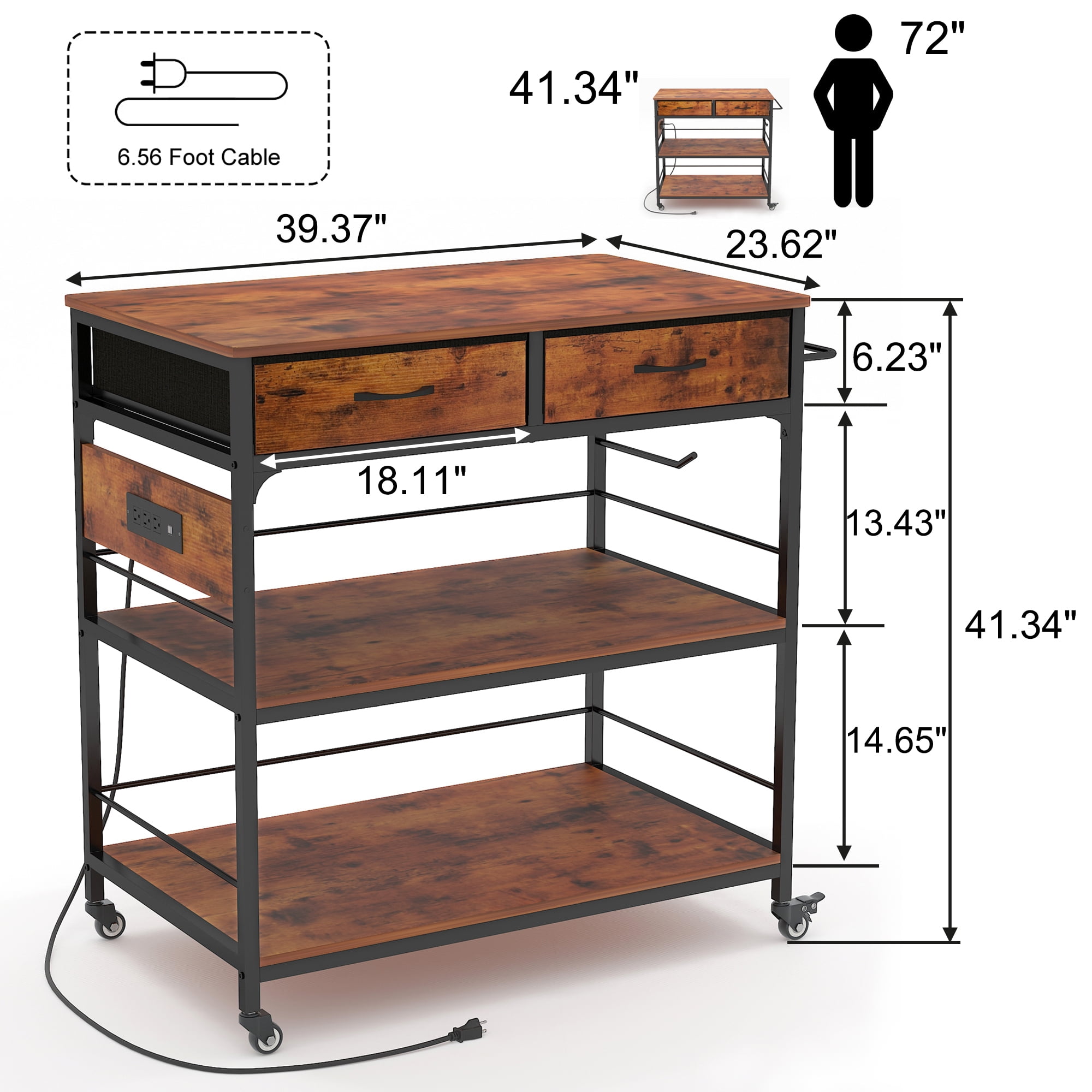 Chnnmbrn Wood Kitchen Island Brown Rolling Cart with Power Outlet Microwave rack