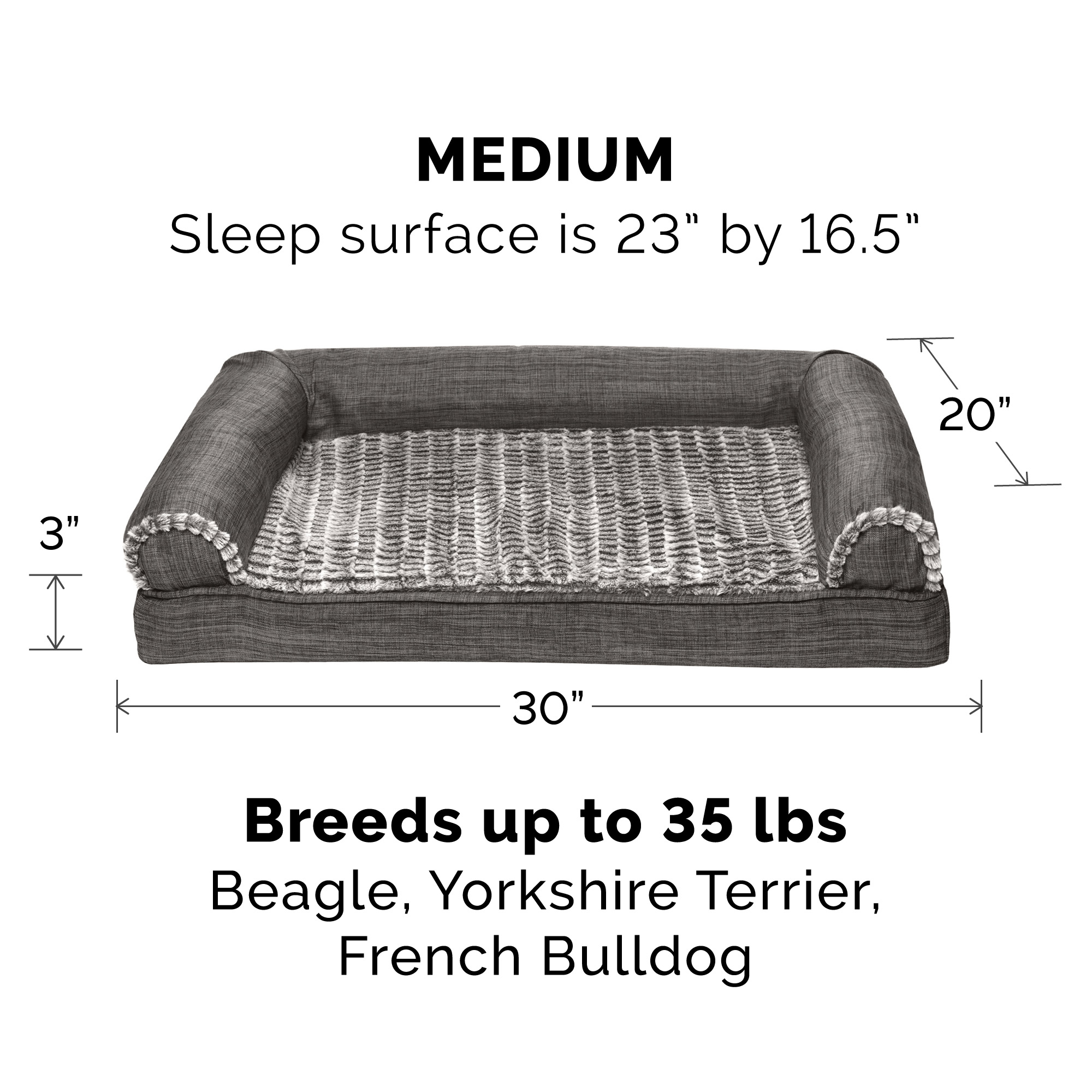 FurHaven Pet Products Luxe Fur & Performance Linen Orthopedic Sofa Pet Bed for Dogs & Cats - Charcoal, Medium