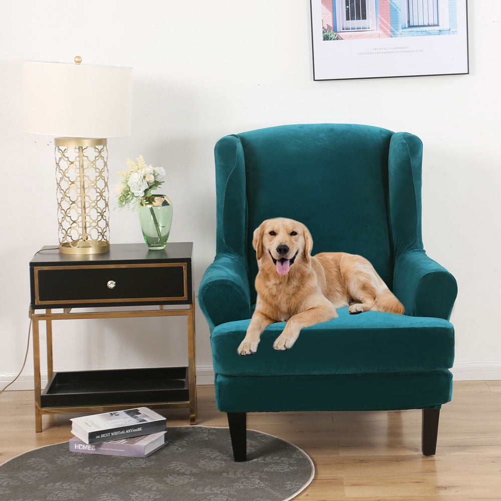 Topchances Stretch Wingback Chair Sofa Slipcover 2-Piece Velvet Plush Sofa Cover Furniture Protector Couch Soft with Elastic Bottom, Blue