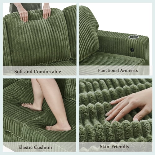 Howcool Modular Sectional Sleeper Sofa, 81" L-Shaped Oversized Cloud Couch with Pull-Out Bed, 5-Seat Corduroy Sofa with Storage Chaise, USB Charging and Cup Holders for Living Room Apartment,Green