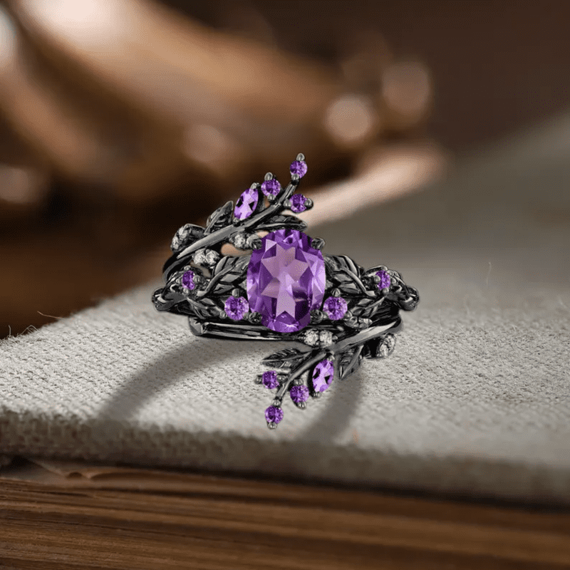 Unique Oval Shaped Amethyst Bridal Ring in 14K Black Gold Vermeil- Leaf Branch Bridal Promise Ring- February Birthstone