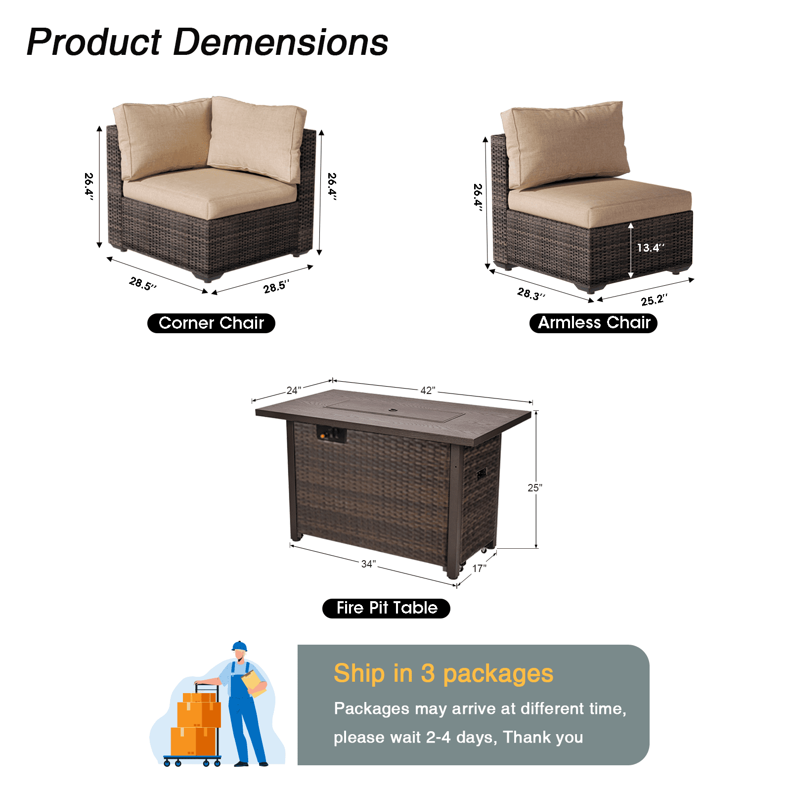 Gaildon 7 Piece Patio Furniture Set with Fire Pit Table, All Weather Outdoor Sectional PE Rattan, Patio Conversation Sets with Cushions and Glass Coffee Table for Garden Lawn Balcony Porch Deck,Beige
