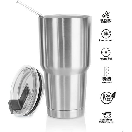 

VONTER Tumbler 30 oz. Double Wall Stainless Steel Vacuum Insulation Crystal Clear Lid Travel Mug Water Coffee Cup For Home Office School - Works Great for Ice Drink Hot Beverage