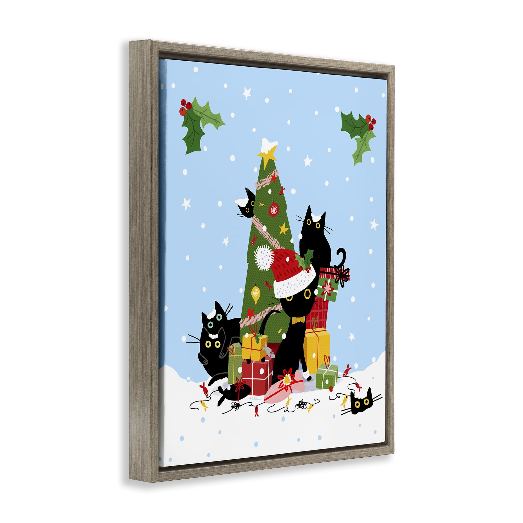 Stupell Industries Silly Cats in Christmas Tree Holiday Painting Brown Floater Framed Canvas Art Prints Wall Art, 25 x 31