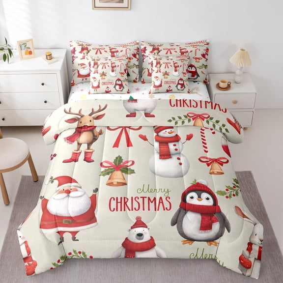 Feelyou Kawaii Santa Claus Bedding Comforter Set 7pcs, Winter Christmas Snowman King Bedding Sets, Penguin Animal Reversible Bed Sheets, Super Cozy Room Decor, 3-Piece