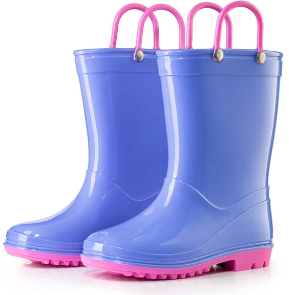 Puddle Play Toddler and Kids PVC Rain Boots with Easy On Handles - Boys and Girls Purple, Periwinkle and Pink - Size 4 Toddler
