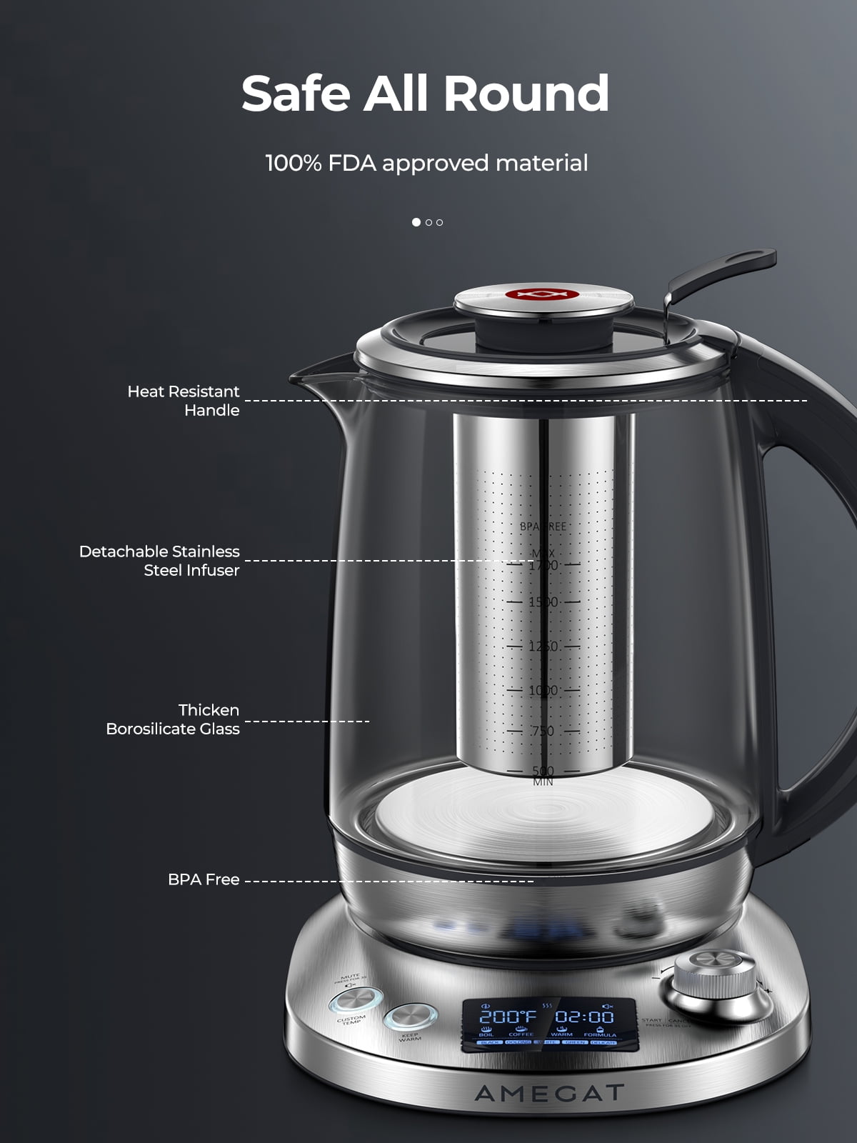 Mecity Tea Kettle Electric Tea Pot with Removable Infuser, 9 Preset Brewing  Programs Tea Maker with Temprature Control, 2 Hours keep Warm, 1.7 L,  1200W, Glass and Stainless Steel 