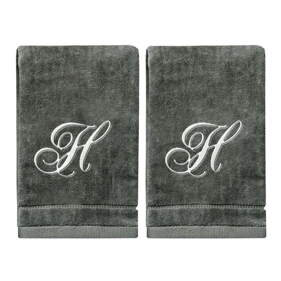 Monogrammed Towels Fingertip, Personalized Gift, 11 x 18 Inches - Set of 2- Silver Embroidered Towel - Extra Absorbent 100% Cotton- Soft Velour Finish - For Bathroom/ Kitchen/ Spa- Initial H (Gray)