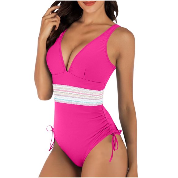 Xfvqtps Women One Piece Swimsuit Embroidery Waist V Neck Side Drawstring Tummy Control Slimming Bathing Suit for Beach Hot Pink