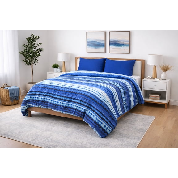 Shibori Stripe-Recycled Plastic/Sustainable Cotton Queen Duvet Cover Set Including 2 Shams.Made in Green by Oeko-Tex.