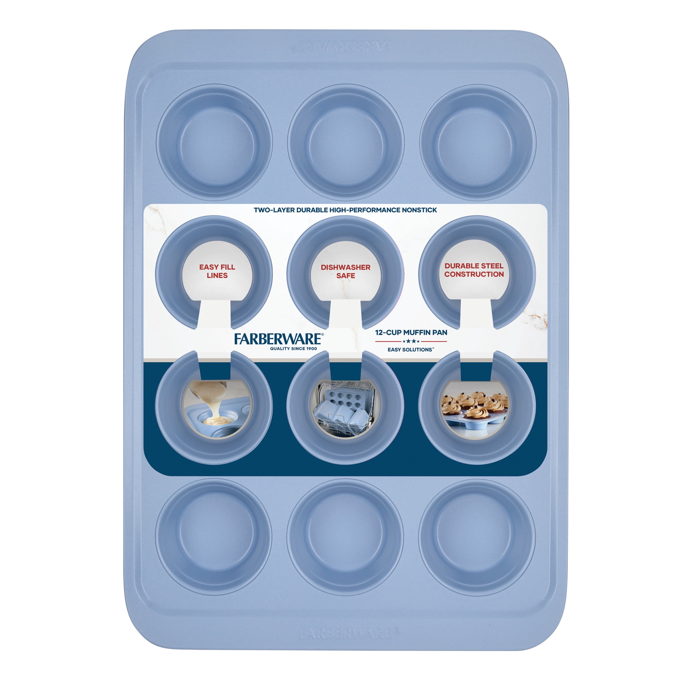 Farberware Easy Solutions 12 Cup Nonstick Bakeware Muffin Pan, Dishwasher Safe and Oven Safe to 450°F, Blue