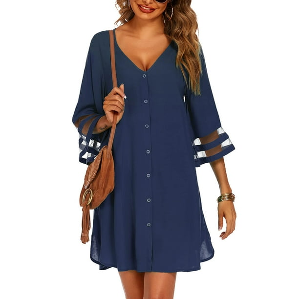 Women's Swimsuit Cover Ups ButtonDown V Neck Crochet Chiffon Summer Beach Cover Up