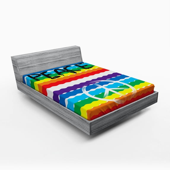 Ambesonne Retro Fitted Sheet, Stripes Peace Lettering, Queen Size, Multicolor